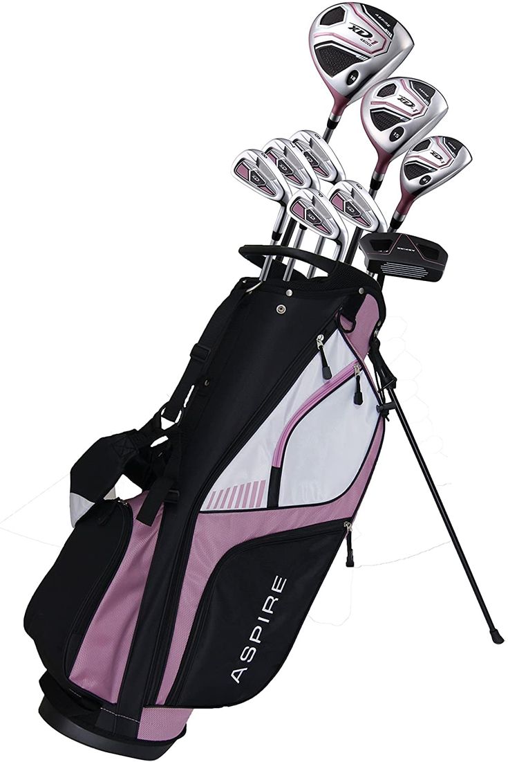 Aspire XD1 Ladies Womens Complete Right Handed Golf Clubs Set Includes Titanium Driver, S.S. Fairway, S.S. Hybrid, S.S. 6-PW Irons, Putter, Stand Bag, 3 H/C's Pink Sports & Outdoors