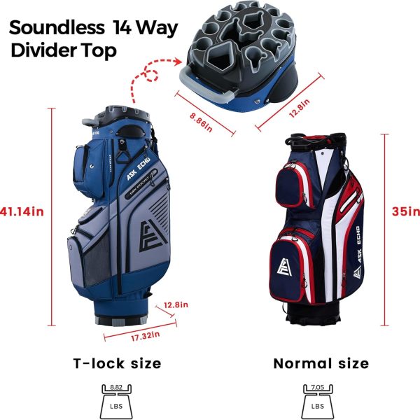 ASK ECHO 2024 T-Lock Golf Cart Bag with 14 Way Organizer Divider Top, Premium Cart Bag with Handles and Rain Cover, for Men and Women